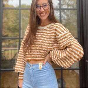 BOUTIQUE HYFVE Womens Oversized Striped Knit Cropped Balloon Sleeve Sweater Sz L